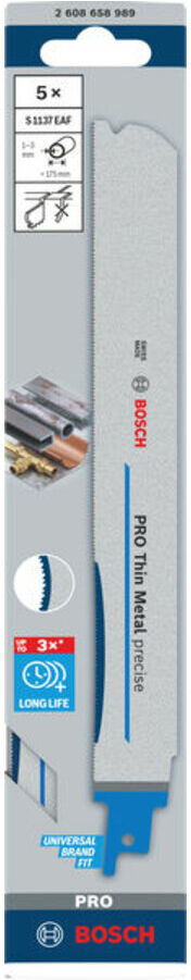 Bosch PRO Thin Metal precise S1137EAF Säbelsägeblatt, 1,1 x 25 x 225 mm, 5-tlg. (2608658989)