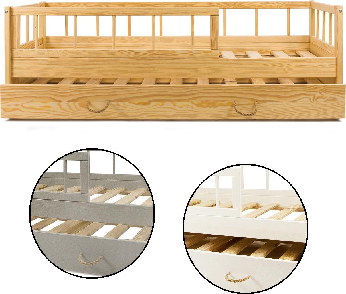 Ausziehbares Bett mit Geländern und einer zusätzlichen Liegefläche von 160x80 cm. Ausziehbares Bett mit Geländern und einer zusätzlichen Liegefläche von 160x80 cm (Farbe: Natur)