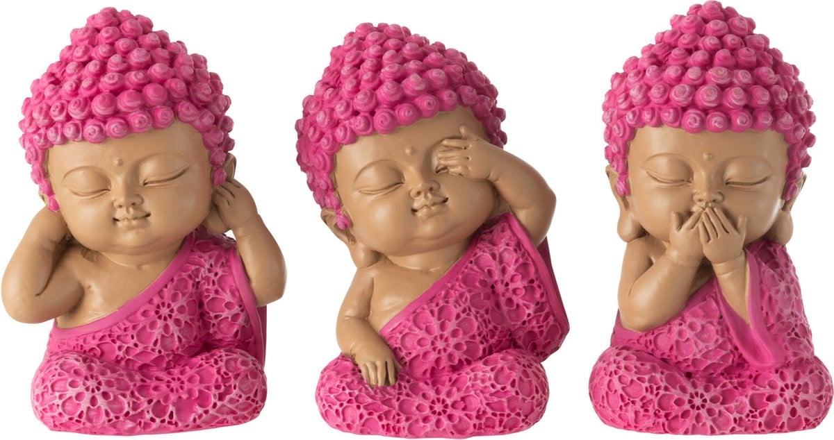 J-Line Monnik Horen Zien Zwijgen decoratiefiguren - polyresin - roze - 3 stuks