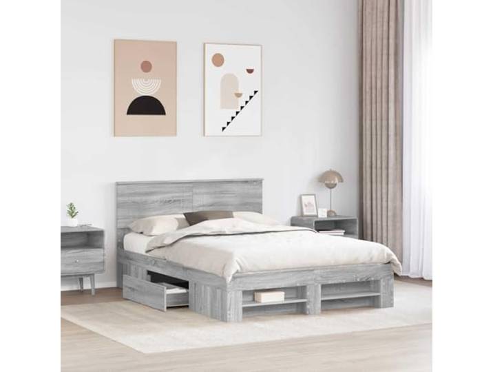 KTHLBRH Sonoma Bettgestell, grau, 160 x 200 cm Technisches Holz, integriertes Kopfteil, modernes Design, stabile Basis