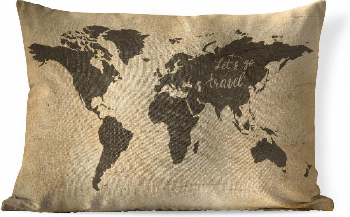 Katoenen sierkussen met vintage wereldkaart en Let's go travel quote - 50 x 30 cm