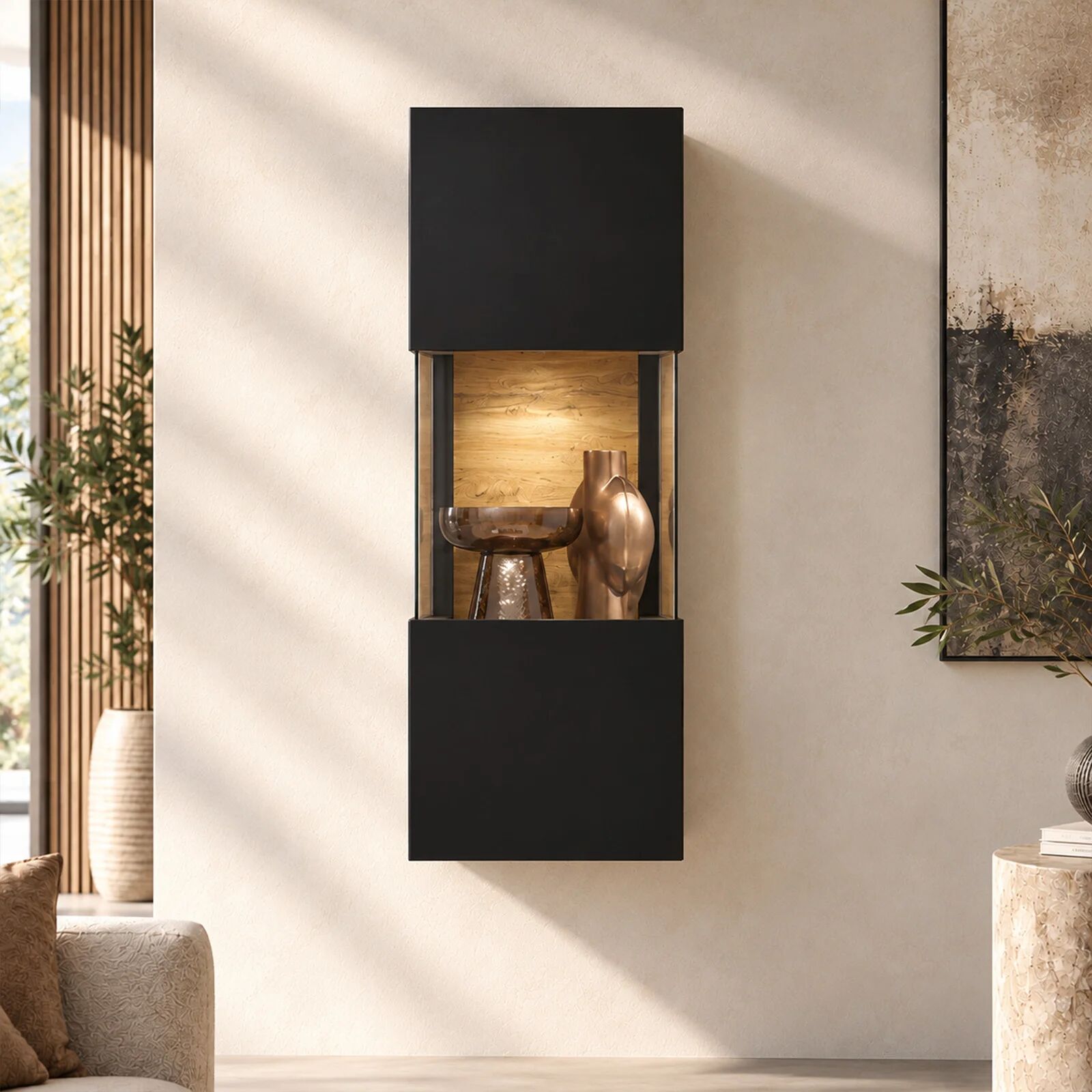 garneroarredamenti Vetrina sospesa 36x95h cm da parete nero rovere Fusion