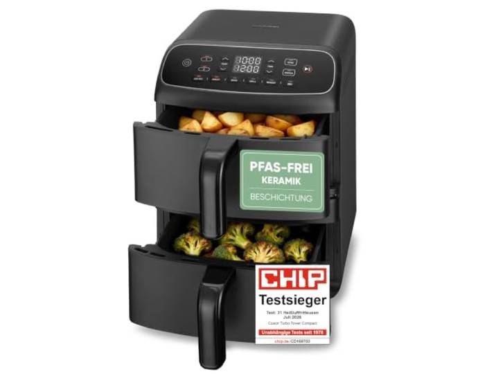 Cosori Airfryer, neue Generation 2026, Chip Testsieger, TurboBlaze-Tech NTC-Tech, XL-Heizring, PFAS-freie Keramikbeschichtung, 39 % schmaler, 3 Lüfterstufen, Turbo Tower Compact