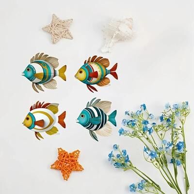Inspired Finds 4pcs Colorful Tropical Fish Wooden Wall Art Rustic Nautical Coastal Hanging Decor tropical