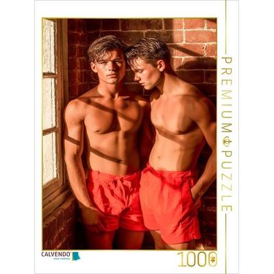 CALVENDO Puzzle Zwei sexy junge Männer in roter Shorts eng beieinander | 1000 Teile Lege-Größe 64x48cm Foto-Puzzle für glückliche Stunden
