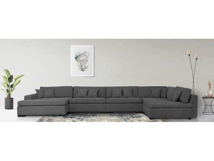 Wohnlandschaft, Polyester, Dunkelgrau, 390×190 cm, U-Form, Federkern, Home-affaire