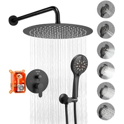VEVOR Duscharmatur Regenduschsystem fürs Badezimmer Duschsystem mit 305 mm runden Regenduschkopf & Handbrause, wandmontierte Badezimmerarmaturen mit Messingventil & Zierset, Mattschwarz