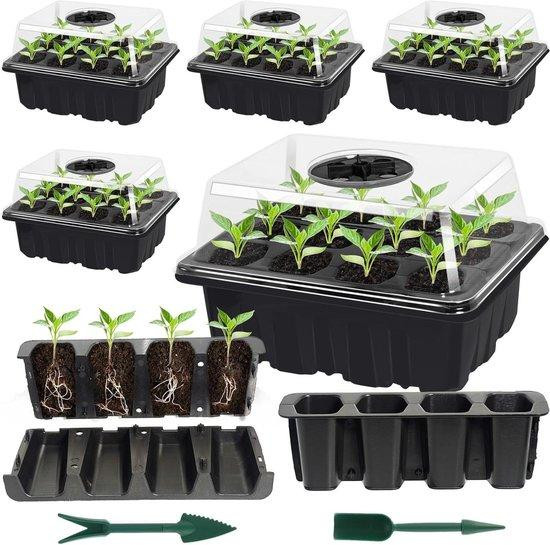 Mini-kweekkas set van 5 stuks met 60 cellen in zwart plastic voor indoor planten