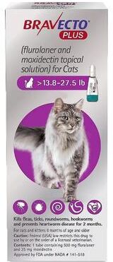 Bravecto Plus For Large Cats 500 Mg (13.75 To 27.5 Lbs) Purple 2 Doses