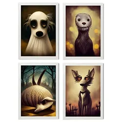 POSTER Set mit 4 Hunde im T Burton Goth Stil A4 Weißer Rahmen