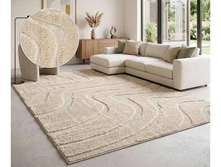 Teppich GOODPRODUCT Flowa, Wellenmuster, Hoch-Tief , beige, B:80cm H:20mm L:150cm, Kunstfaser, Teppiche, Teppich, Modernes Design, 3D Optik, Designteppich, Wohnzimmer