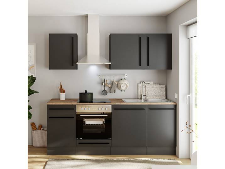 Küchenzeile III 220cm Schwarz/Matt Schwarz ohne Elektrogeräte
