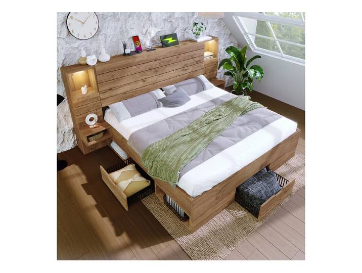 REDOM Holzbett Doppelbett mit LED, USB-C & Floating Bedside Tables (Doppelbett, Funktionsbett, 1-tlg., mit Kopfbrett-Regalen, 4 Seitenfächern & 3 Schubladen,180x200 cm), Moderne Konnektivität im durchdachten Stauraum-Konzept.ohne Matratze