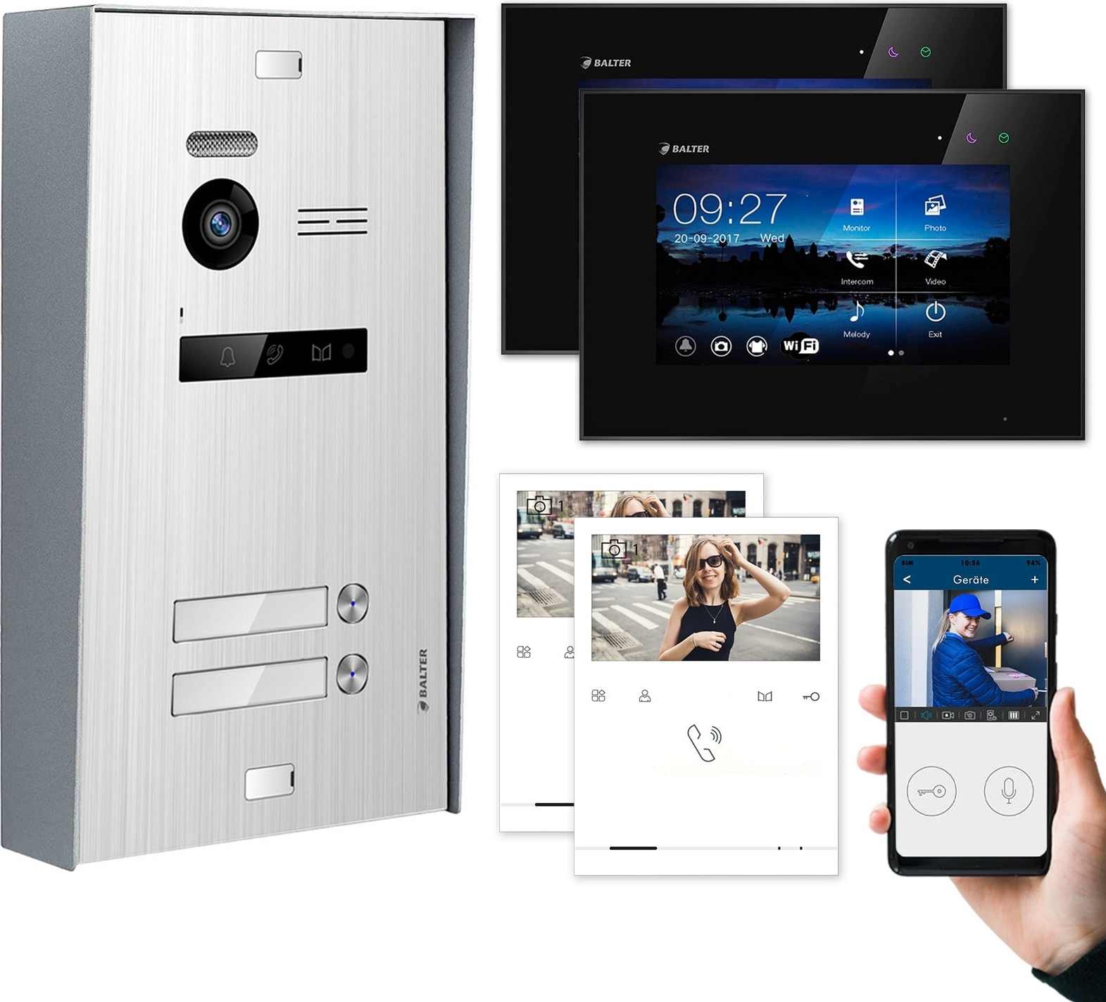 BALTER EVO Aufputz Silber 7" WiFi Monitor Schwarz + Quick Video Türsprechanlage Set 2 Familienhaus