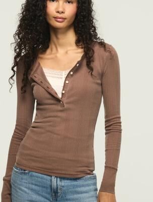 Lucky Brand Long Sleeve Ribbed Henley - Women's Clothing Tops Tees Henley Shirt in Friar Brown, Size L
