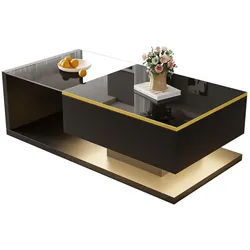 OKWISH Couchtisch LED 16 Farben, modern, Hochglanz Schwarz, Glasplatte, mit Stauraum 100x50x32,5 cm, eleganter Wohnzimmertisch