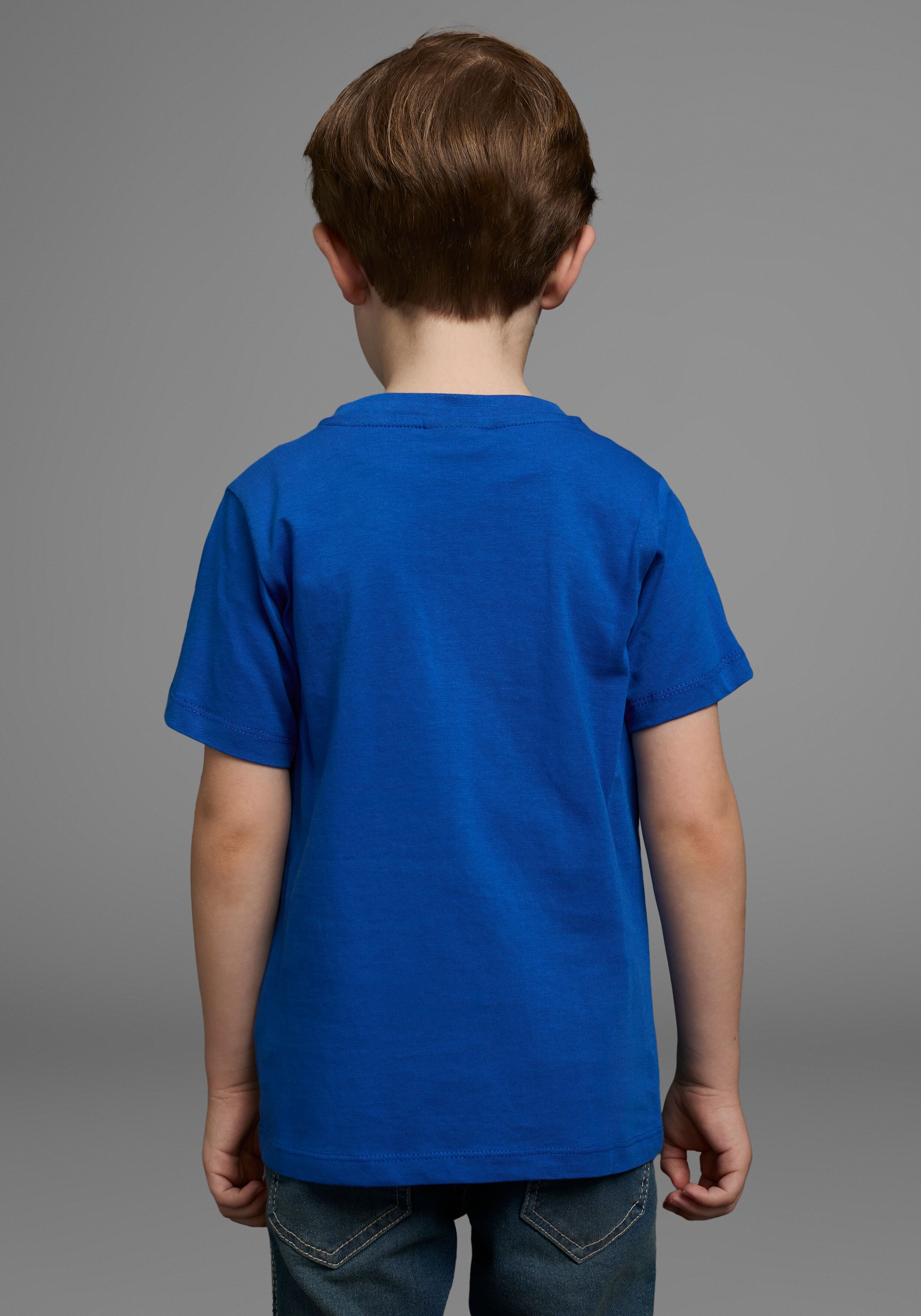 T-Shirt KIDSWORLD "Mit Spruch: KLEIN+FRECH+SCHLAU...", Jungen, Gr. 140/146, blau (royalblau), Jersey, Obermaterial: 100% Baumwolle, bedruckt, Basic, Basic, Rundhals, Shirts T-Shirt, Kurzarm, Basic-Passform, bedruckt, Rundhalsausschnitt royalblau 140/146