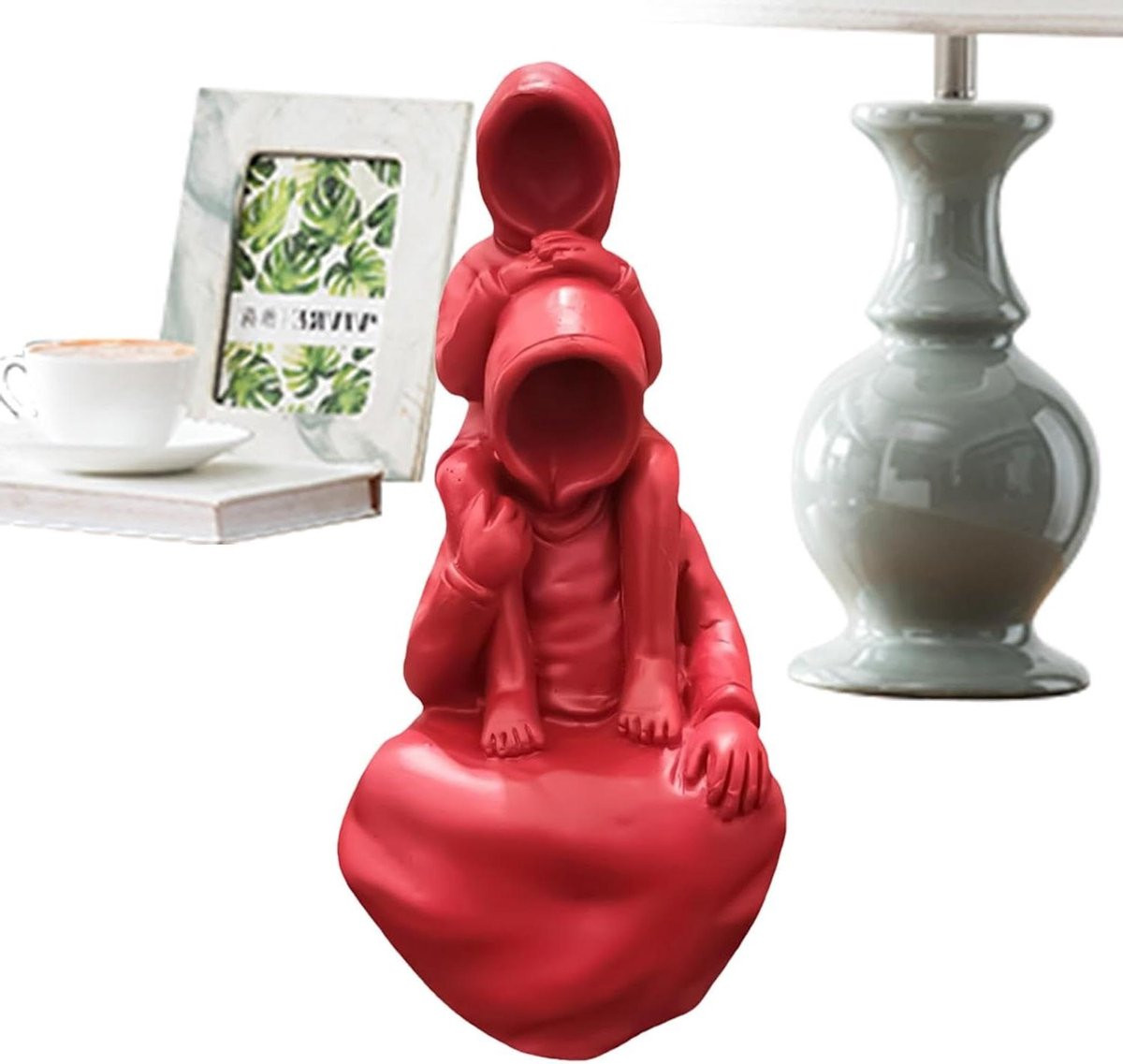 Vader en kind sculptuur - Familie beeldje - Rood - B/D/H: 65 x 7 x 15 cm
