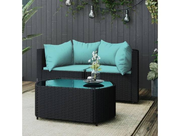 Salon de jardin 3 pcs avec coussins Noir Résine tressée ensemble de salon d'extérieur ensemble de mobilier 319807