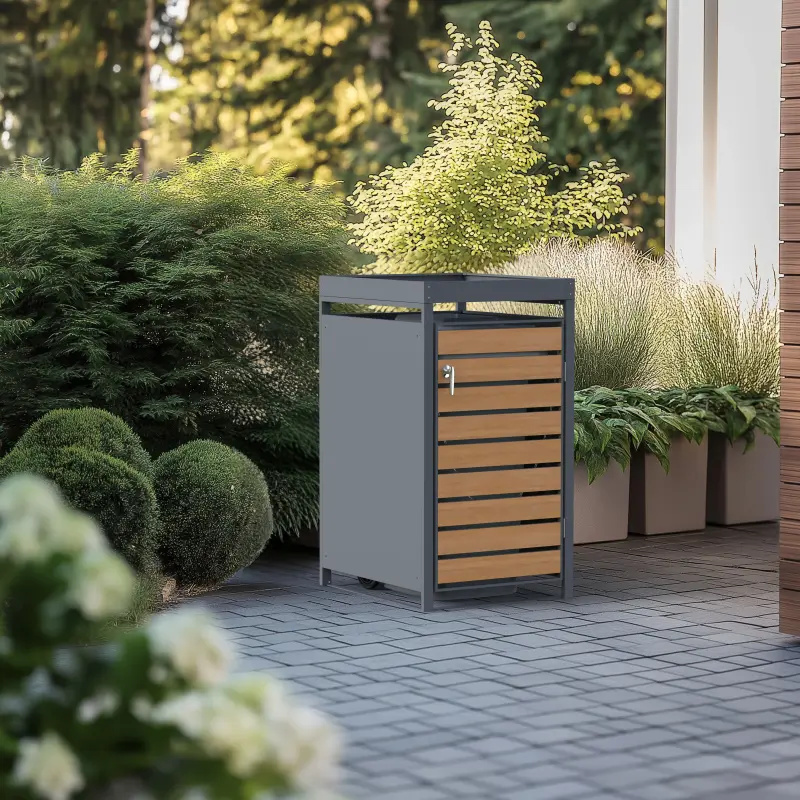 PPbin | Mülltonnenbox, Mülltonnenverkleidung - 1 x 240 Liter - 68x80x124cm - Müllbox, Müllhaus, Grau & Holzimitation, NatureBOX