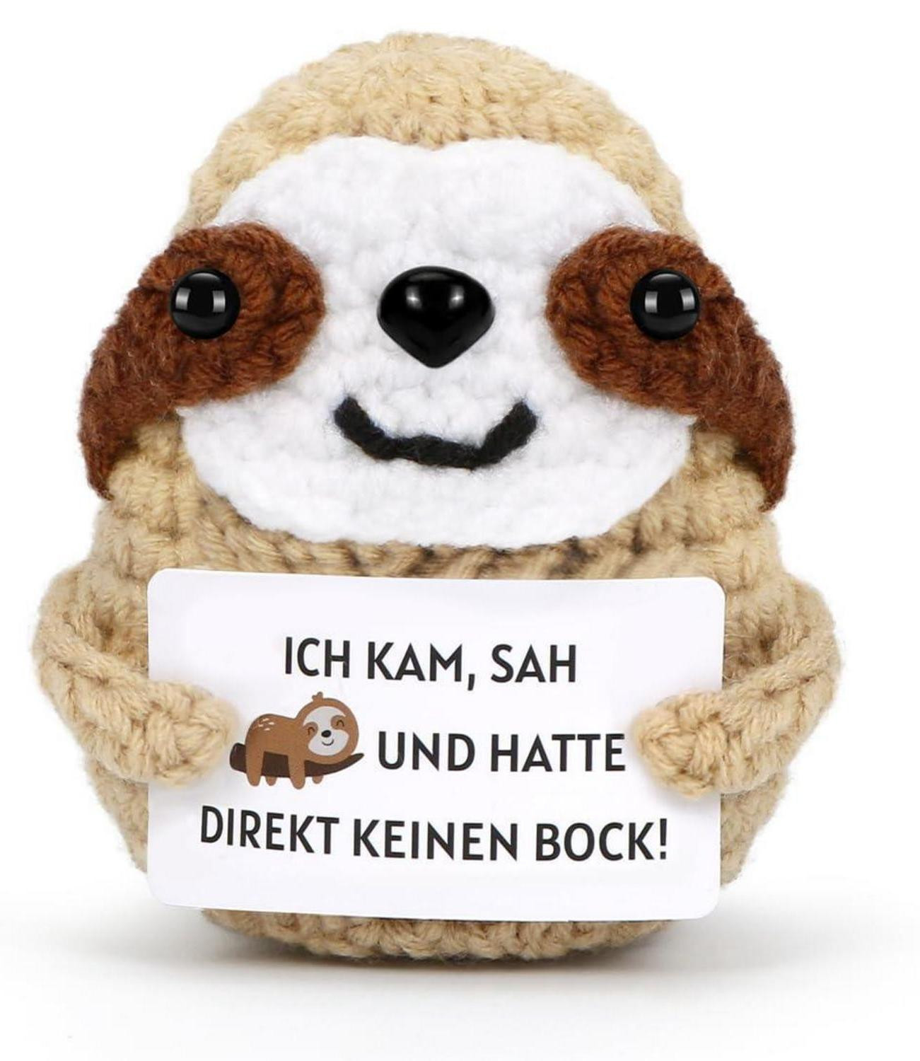 HUKUMA Gehaakte knuffel luiaard, grijs, met anti-stress kaartje