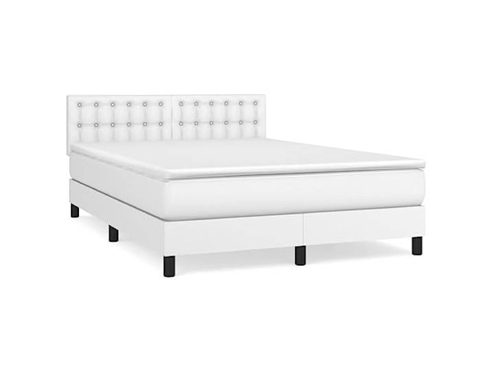 PUGYNBK Boxspringbett, 140 x 200 cm, Kunstleder, Weiß Taschenfederkernmatratze, mittlere Härte, verstellbares Kopfteil, einfache Reinigung