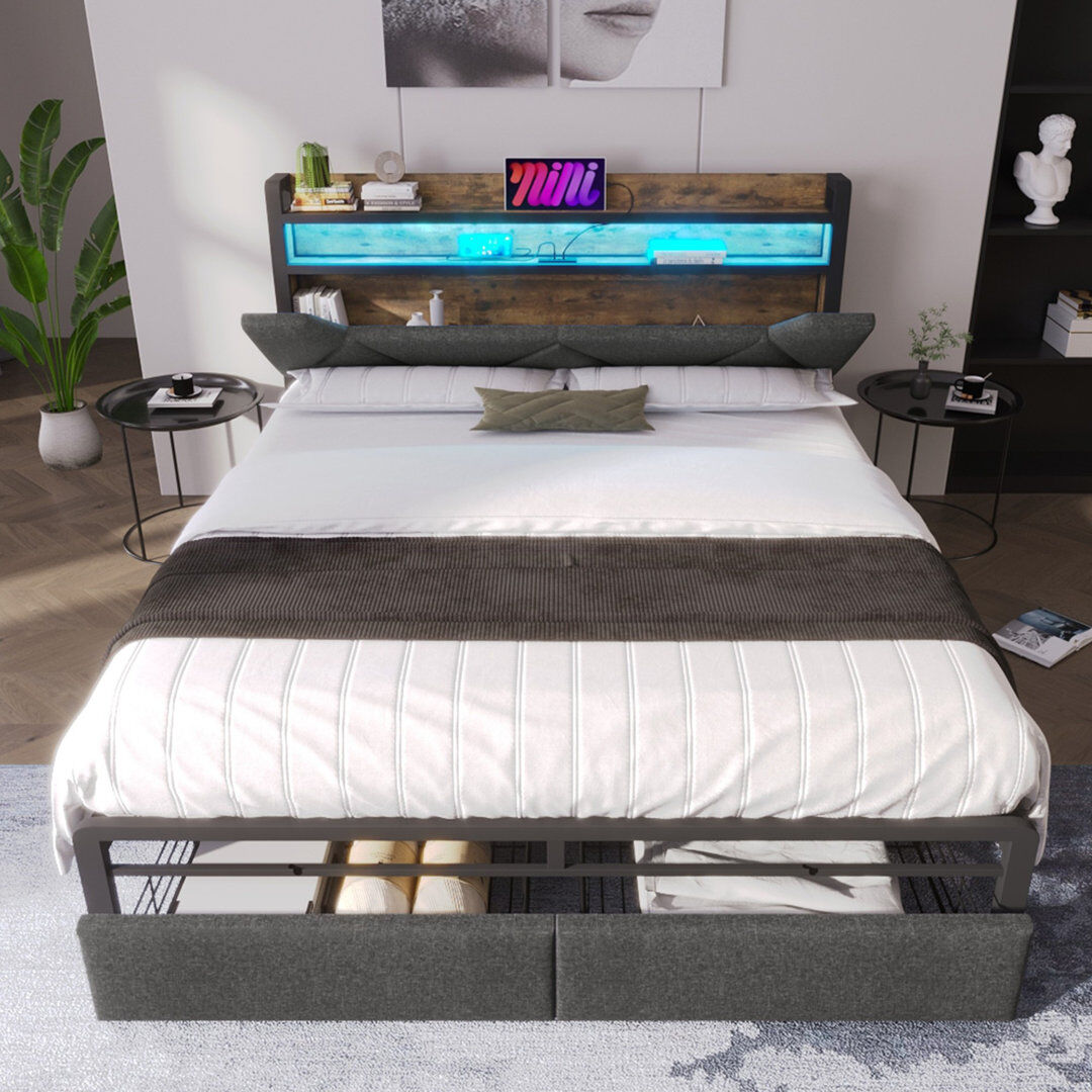 Harriet Bee Upholstered Linen Drawers Bed Frame Grey Double (4'6)