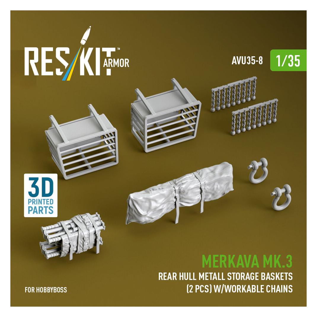 ResKit Merkava Mk.3 rear hull metall storage baskets (2 pcs) w/workable chains for HobbyBoss kit (3D Printe (AVU35-0008)