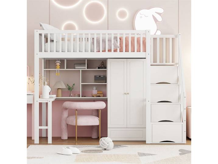 DRIPEX Lit superposé 90x200cm avec grande armoire étagère et table bureau Lit polyvalente avec escalier de rangement Blanc