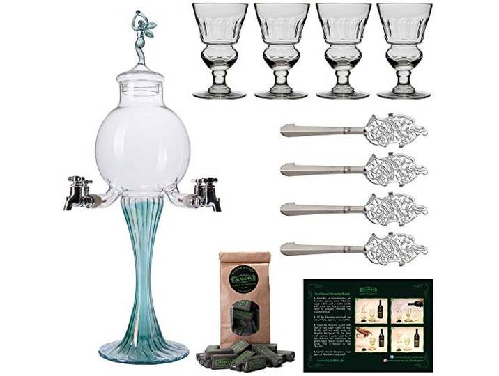 ALANDIA Absinth Zubehör Set 1x Absinth Fontäne Grüne Fee 4x Gläser mit Reservoir 4x Löffel aus Edelstahl 1x Zucker