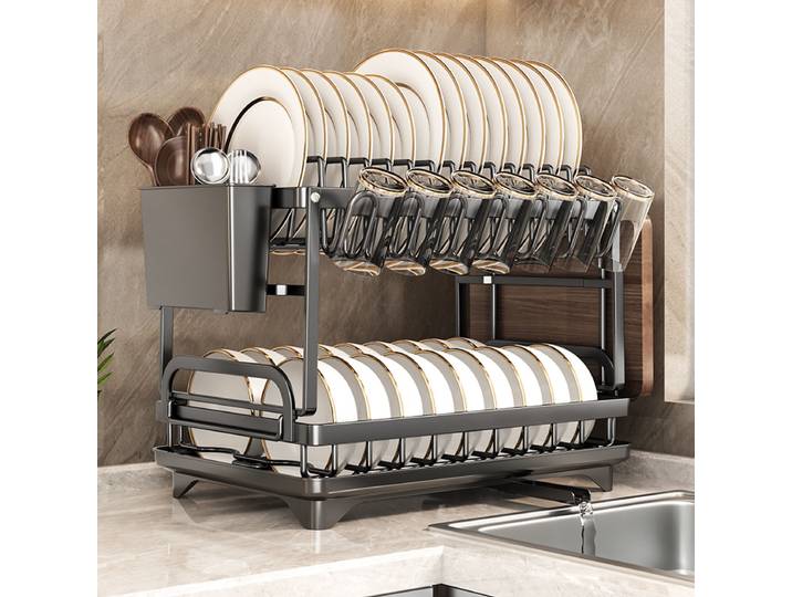 Égouttoir à vaisselle de cuisine Compact, ensemble de égouttoir, grand égouttoir à vaisselle antirouille avec porte-ustensiles
