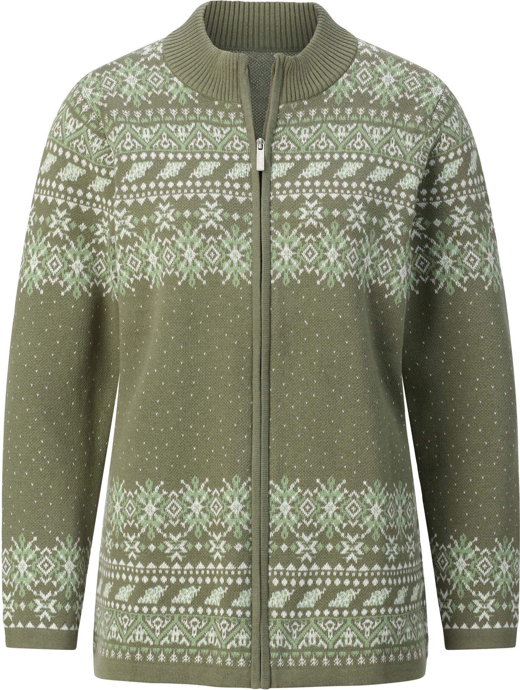 Sieh An! Strickjacke SIEH AN "Jacquard-Strickjacke Jacquardstrickjacke im Norweger-Stil", Damen, Gr. 42, grün (khaki, ecru, gemustert), Modisch, Strickjacken Strickjacke