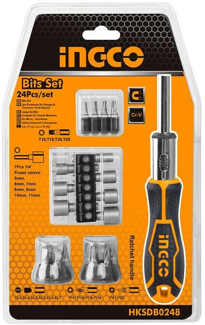 Ingco Set Cacciavite Con Inserti e Impugnatura a Cricchetto da 24 Pezzi