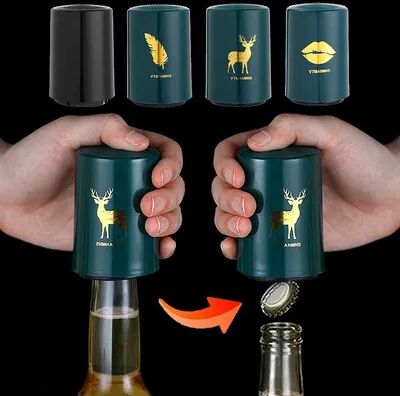 KitchenNation Creative Magnetic Beer Bottle Opener, Automatic Kitchen Press Lid, Stainless Steel Portable Bar Tool, Unique Bar Gadgets green Fawn