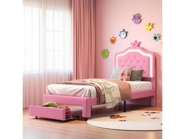 Rosahqnda Lit enfant Cadre de lit rembourré Tête de lit couronne Armoire à tiroirs Tête de lit réglable Surface en cuir