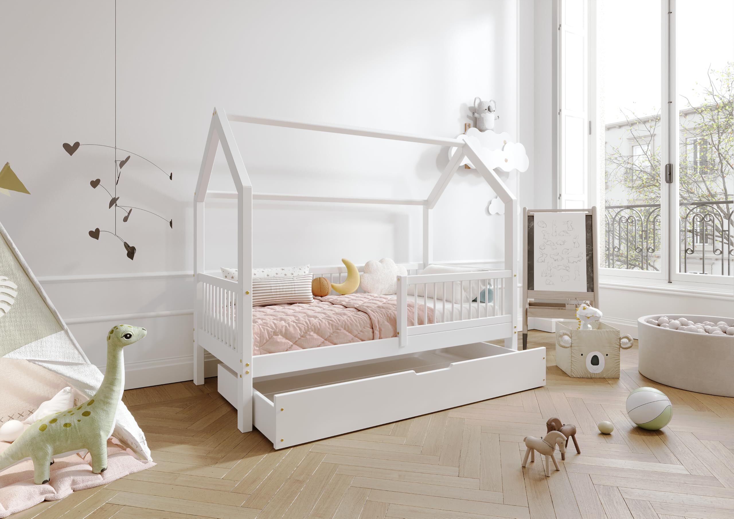 TIMBEE ZOJA Box Hausbett Kinderbett Holz Bett mit Schublade - Weiß - 100x200cm