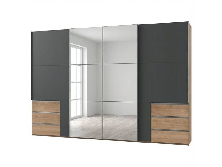 Schwebetürenschrank Level36 236 cm Typ C 350 x 236 x 65cm 6 Schwarz/Holz/Anthrazit/Plankeneiche Dekor Silber mit Spiegeltür/-en