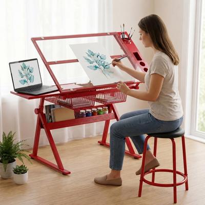 Justmaellc Red adjustable tempered glass drafting printing drafting table with chair