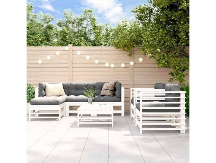 WDGJJFECNMUEHI Pin massif Design Lattes modulable Blanc Salon de jardin 7 pieces Blanc Bois de pin massif Modulable Canape Angle Fauteuil Table basse Exterieur Terrasse Patio Lot