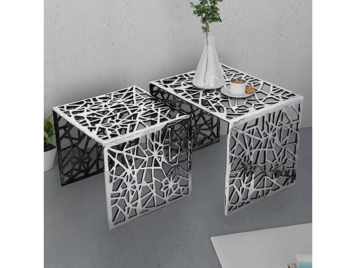 2er Set Beistelltische Quadratisch Aluminium, Silber Leichtes Design, platzsparend, modernes Design, universell einsetzbar, leicht zu tragen
