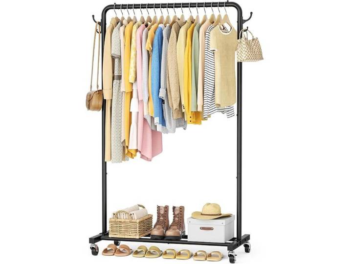 Portant a Vetement Solide Penderie sur Roulettes 4 Crochets et Étagère Métal Portant Mobile Chaussures Charge 50kg 80x44x144cm