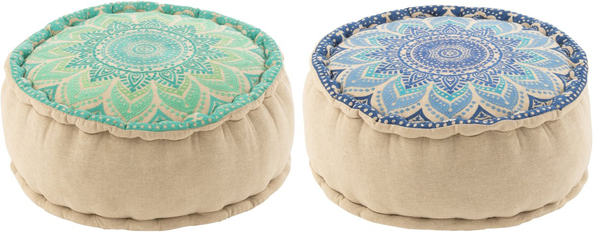 J-Line Poef Rond Bloem - 2 stuks - Turquoise/Blauw - Katoen