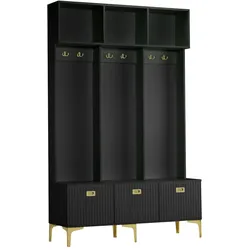 Garderobenset mit Bank 120x40x191, Multifunktionale Aufbewahrung mit 6 goldenen Haken, Schuhregal und Stauraum, Schwarz