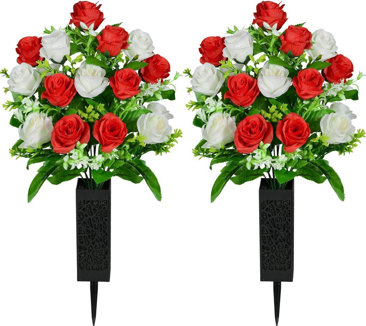 2 Stuks Kunstbloemen met Vaas voor Grafmonument - Duurzame Rozentakken voor Begraafplaats Decoratie (Rood & Wit)