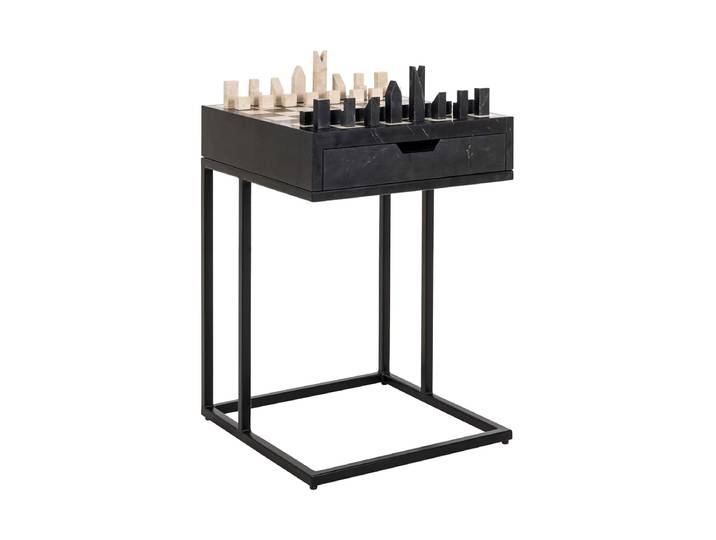 Marmor Design Beistelltisch „Davos“ mit integriertem Schachspiel Schwarz Richmond Interiors