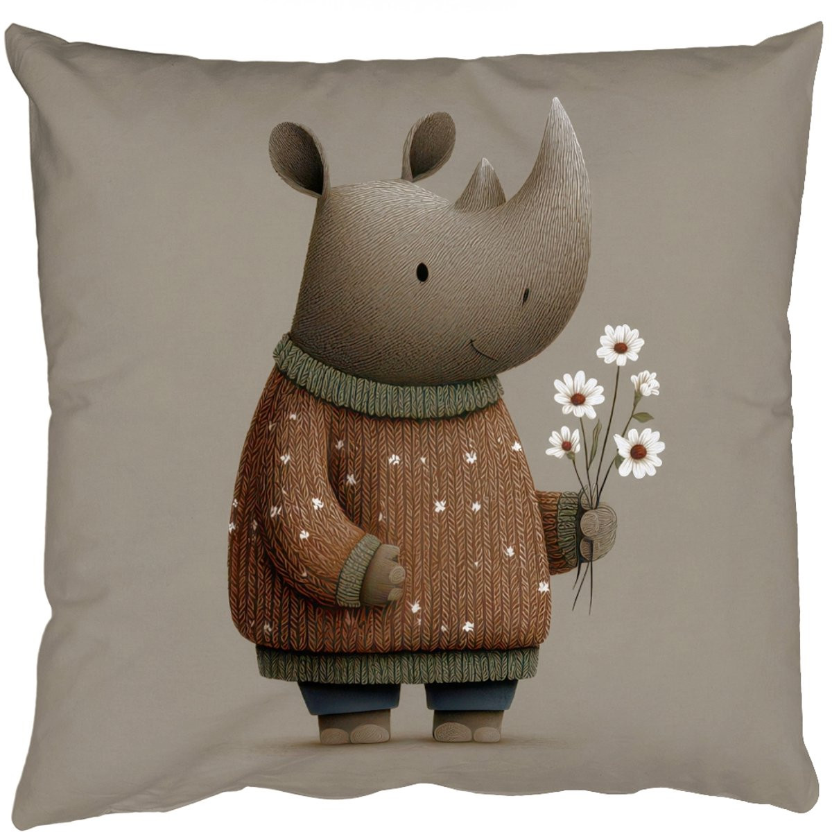 Sierkussen Neushoorn met Witte Bloemen - 40 x 40 cm