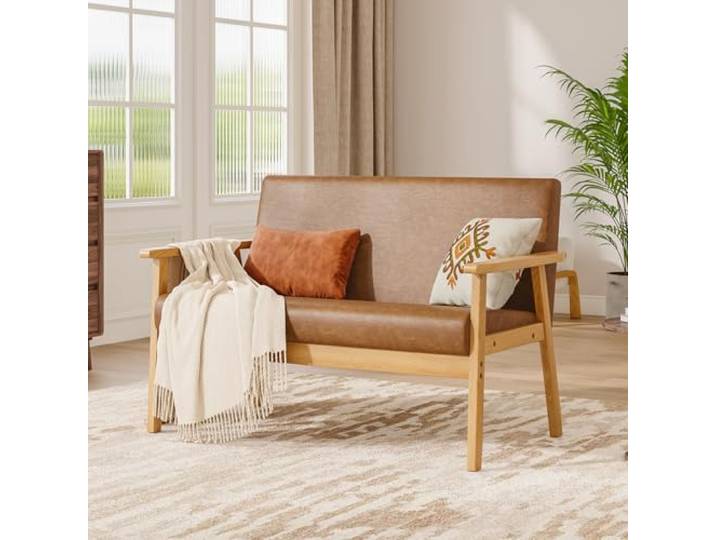 Dripex Sofa 2 Sitzer, Couch Modern und Skandinavisch, Loungesofa aus Holz und Kunstleder, Polstersofa Sitzmöbel für Wohnzimmer Schlafzimmer Büro, Vintagebraun, 107x60x77cm