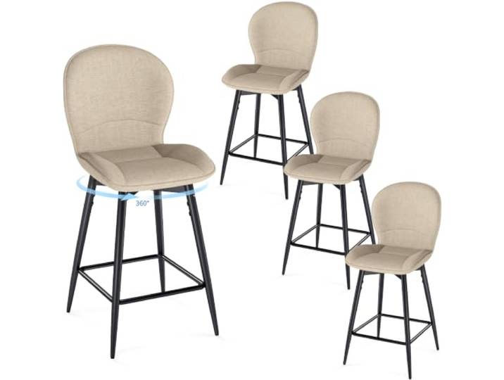 LEWE Barhocker 4er Set, 360° drehbare Barstuhl 65cm, Stofflehne, Khaki Küchenhocker mit atmungsaktiver Stofflehne und metallener Fußstütze, modern skandinavisch für Küche, Bar und Esszimmer