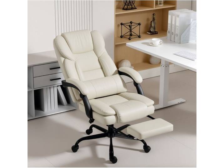 Chaise de bureau inclinable IVMEU en similicuir beige dossier haut repose-pieds rétractable hauteur réglable
