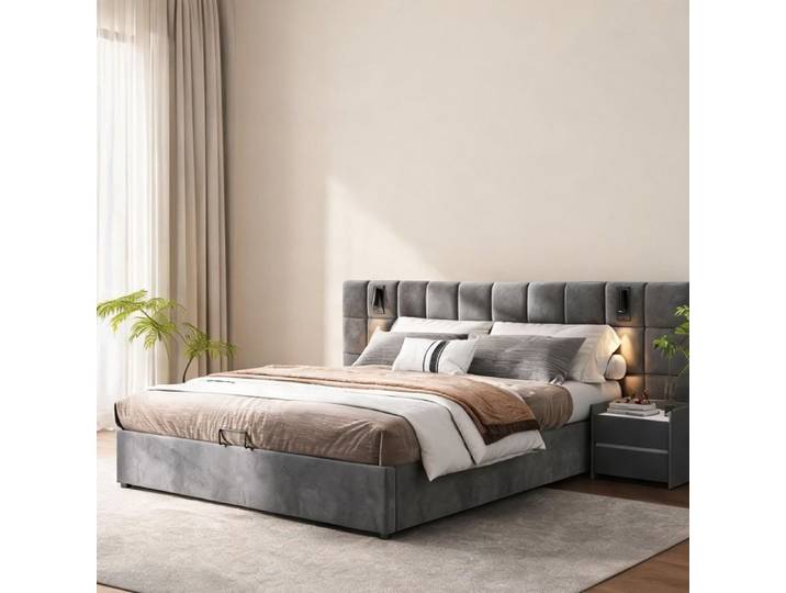 Sommier coffre hydraulique 180x200 cm en acier et velours gris ton sur ton avec lampe orientable et USB